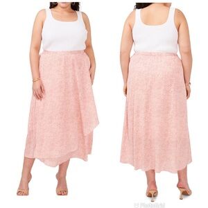 VINCE CAMUTO Pink Print Wrap Front Midi Skirt Ruffle‎ Chiffon SIze 20W New